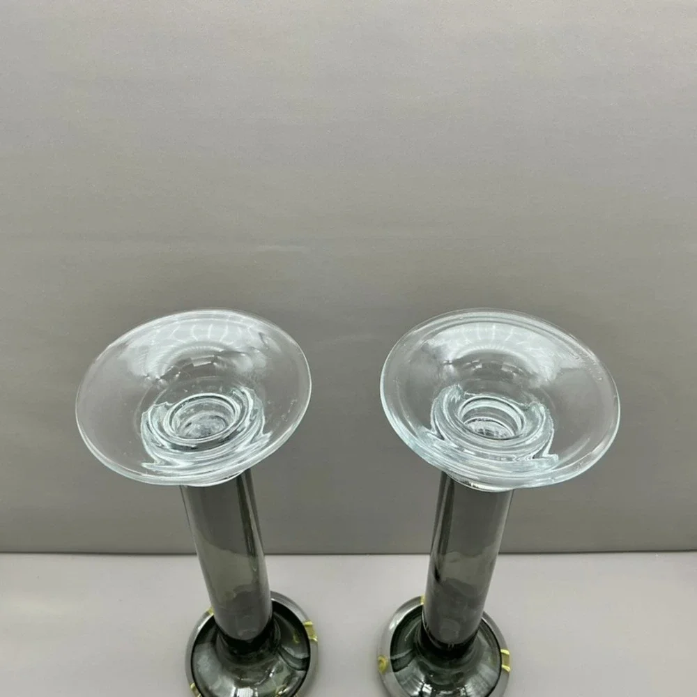 Mikasa Southport Glass Candlesticks Pair Black Clear Taper Candle Holders 11.75
